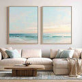 Coastal ocean diptych canvas art with soft waves for modern living room decor.