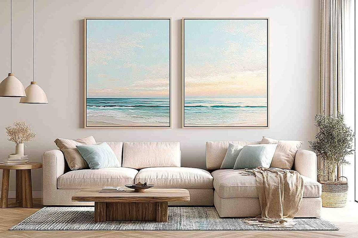 Coastal ocean diptych canvas art with soft waves for modern living room decor.
