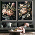 Dark floral protea diptych canvas art with roses for elegant living room decor.