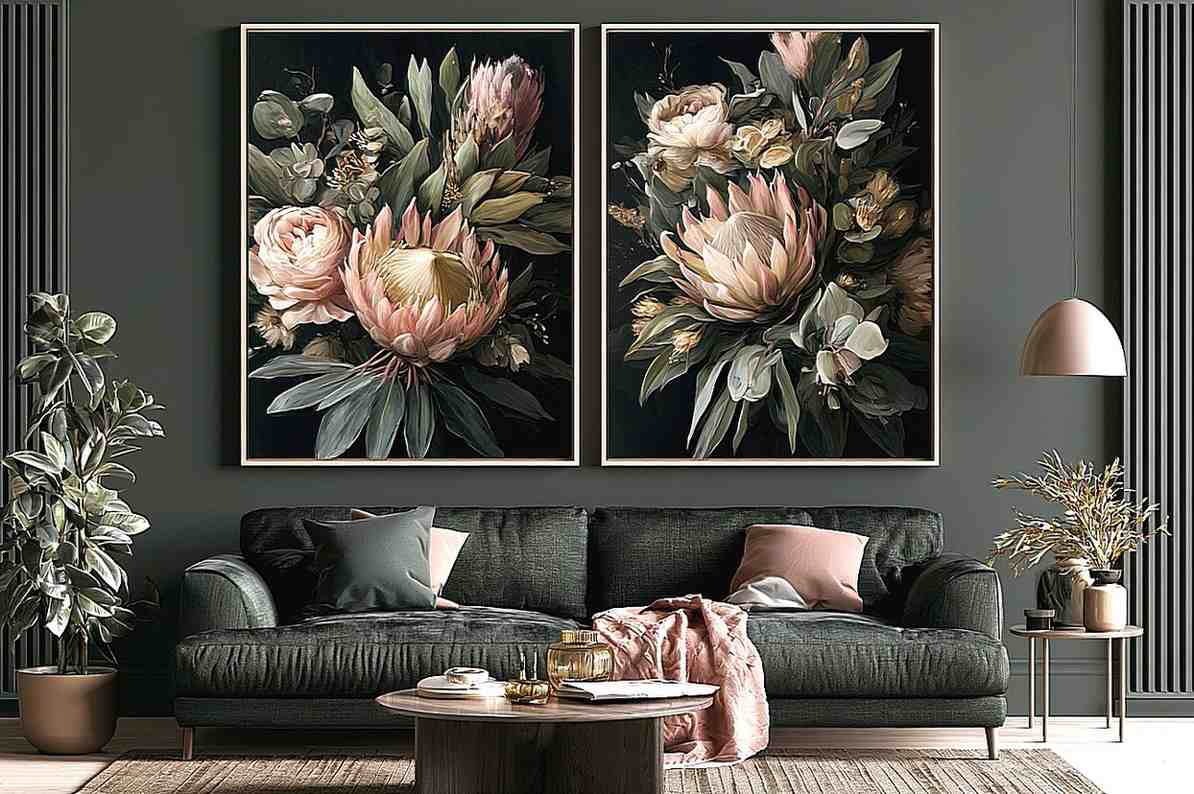 Dark floral protea diptych canvas art with roses for elegant living room decor.