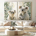 Soft koala diptych canvas art with eucalyptus leaves for nursery or living room decor.