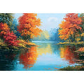 Autumn lake reflection canvas art with orange trees for peaceful living room decor.