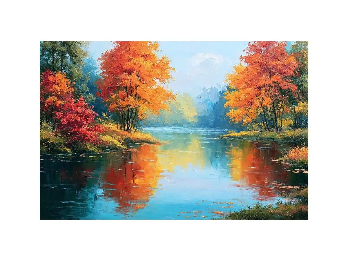 Autumn lake reflection canvas art with orange trees for peaceful living room decor.
