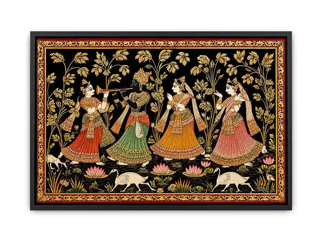 Krishna Raas Leela traditional Indian painting canvas wall art for living room decor USA luxury mythology artwork horizontal large wall