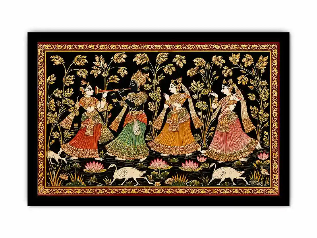 Krishna Raas Leela traditional Indian painting canvas wall art for living room decor USA luxury mythology artwork horizontal large wall