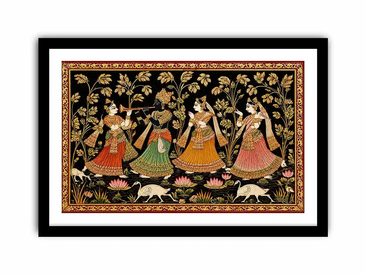 Krishna Raas Leela traditional Indian painting canvas wall art for living room decor USA luxury mythology artwork horizontal large wall