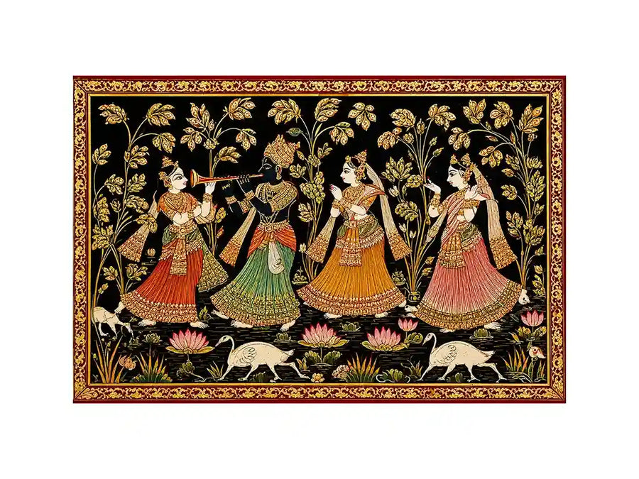 Krishna Raas Leela traditional Indian painting canvas wall art for living room decor USA luxury mythology artwork horizontal large wall