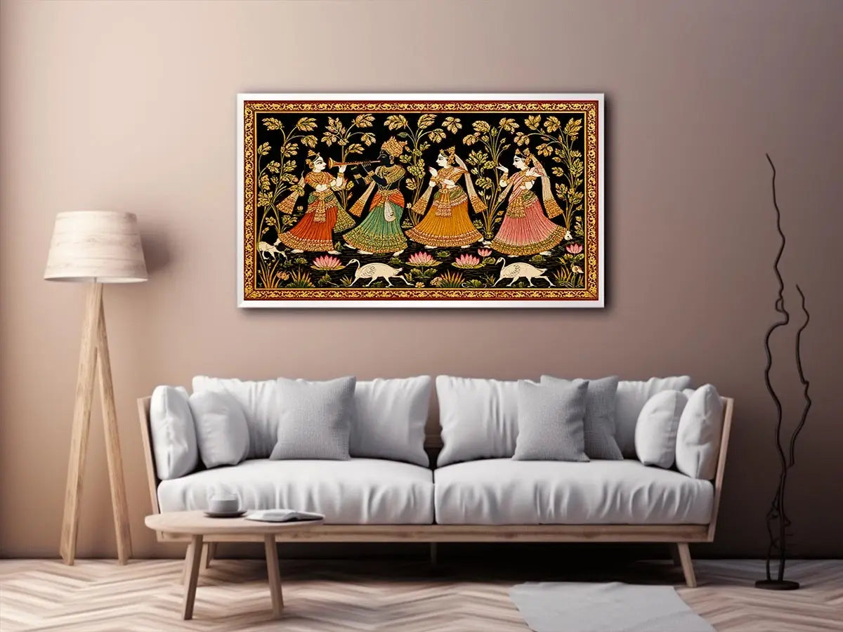 Krishna Raas Leela traditional Indian painting canvas wall art for living room decor USA luxury mythology artwork horizontal large wall