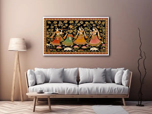 Krishna Raas Leela traditional Indian painting canvas wall art for living room decor USA luxury mythology artwork horizontal large wall