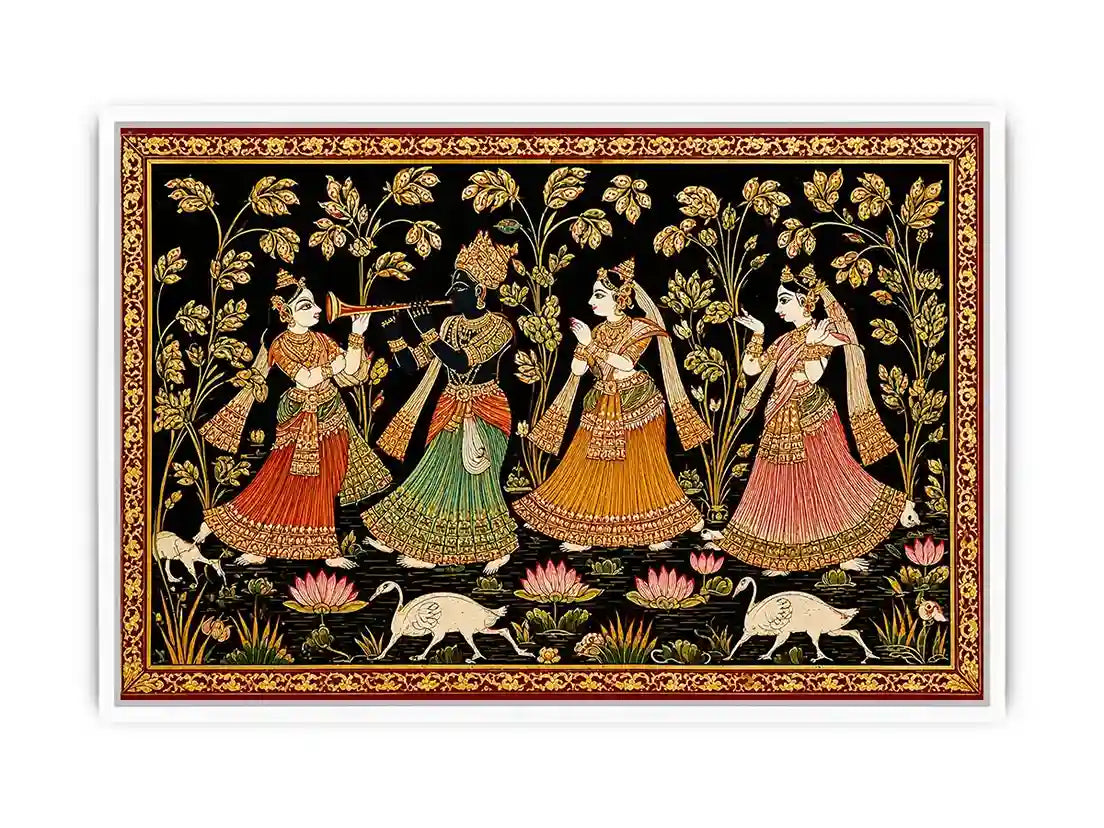Krishna Raas Leela traditional Indian painting canvas wall art for living room decor USA luxury mythology artwork horizontal large wall