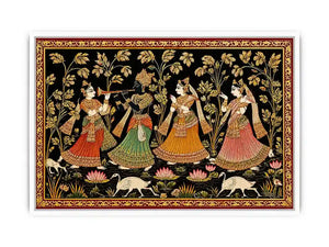 Krishna Raas Leela traditional Indian painting canvas wall art for living room decor USA luxury mythology artwork horizontal large wall
