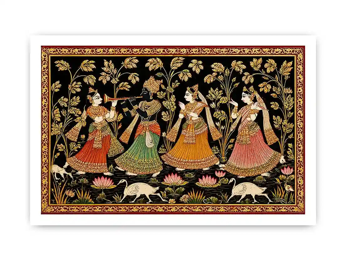 Krishna Raas Leela traditional Indian painting canvas wall art for living room decor USA luxury mythology artwork horizontal large wall