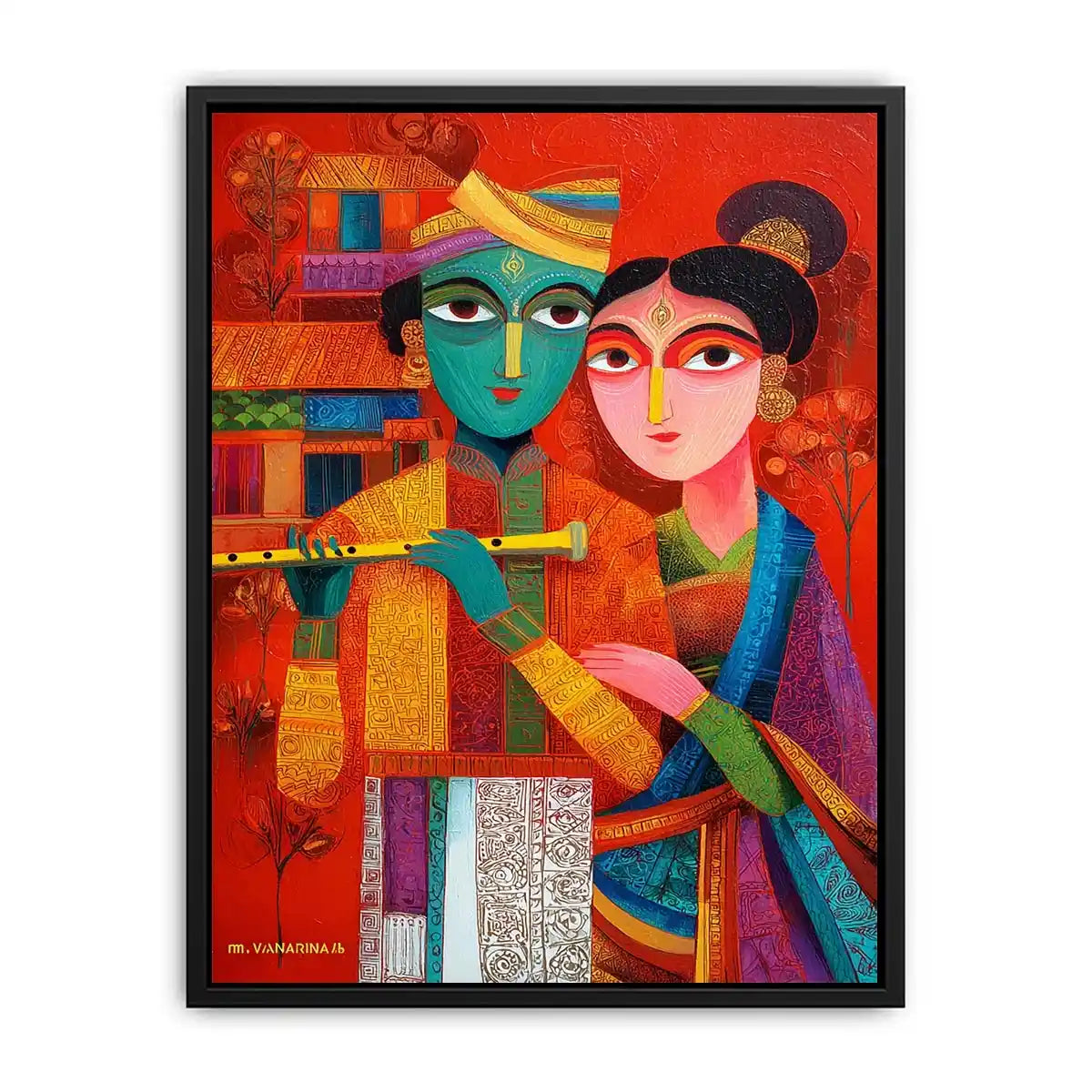 Krishna Raas Leela lotus painting traditional Indian canvas wall art for living room decor USA luxury spiritual artwork horizontal