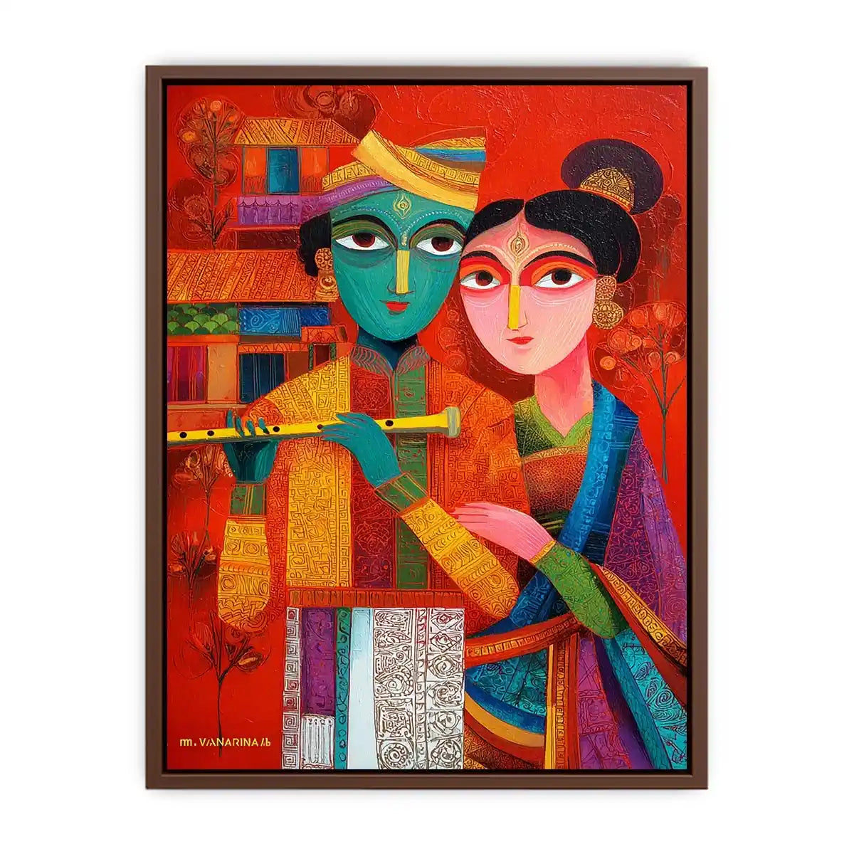 Krishna Raas Leela lotus painting traditional Indian canvas wall art for living room decor USA luxury spiritual artwork horizontal