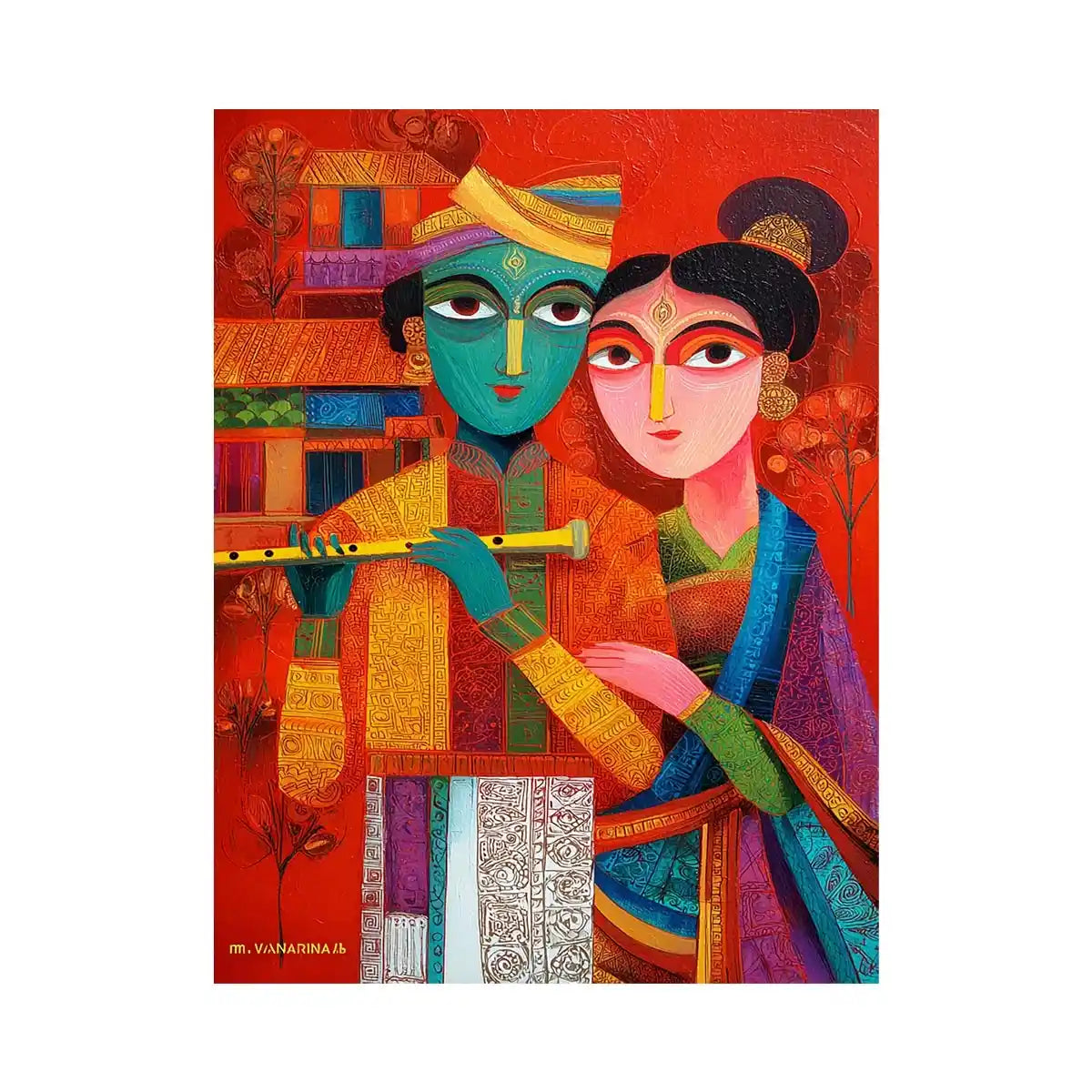 Krishna Raas Leela lotus painting traditional Indian canvas wall art for living room decor USA luxury spiritual artwork horizontal