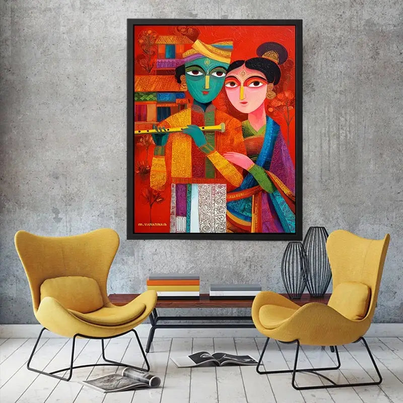 Krishna Raas Leela lotus painting traditional Indian canvas wall art for living room decor USA luxury spiritual artwork horizontal