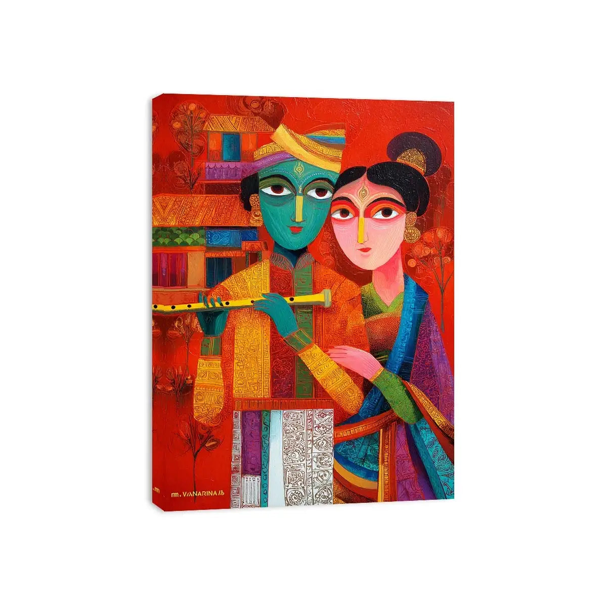 Krishna Raas Leela lotus painting traditional Indian canvas wall art for living room decor USA luxury spiritual artwork horizontal