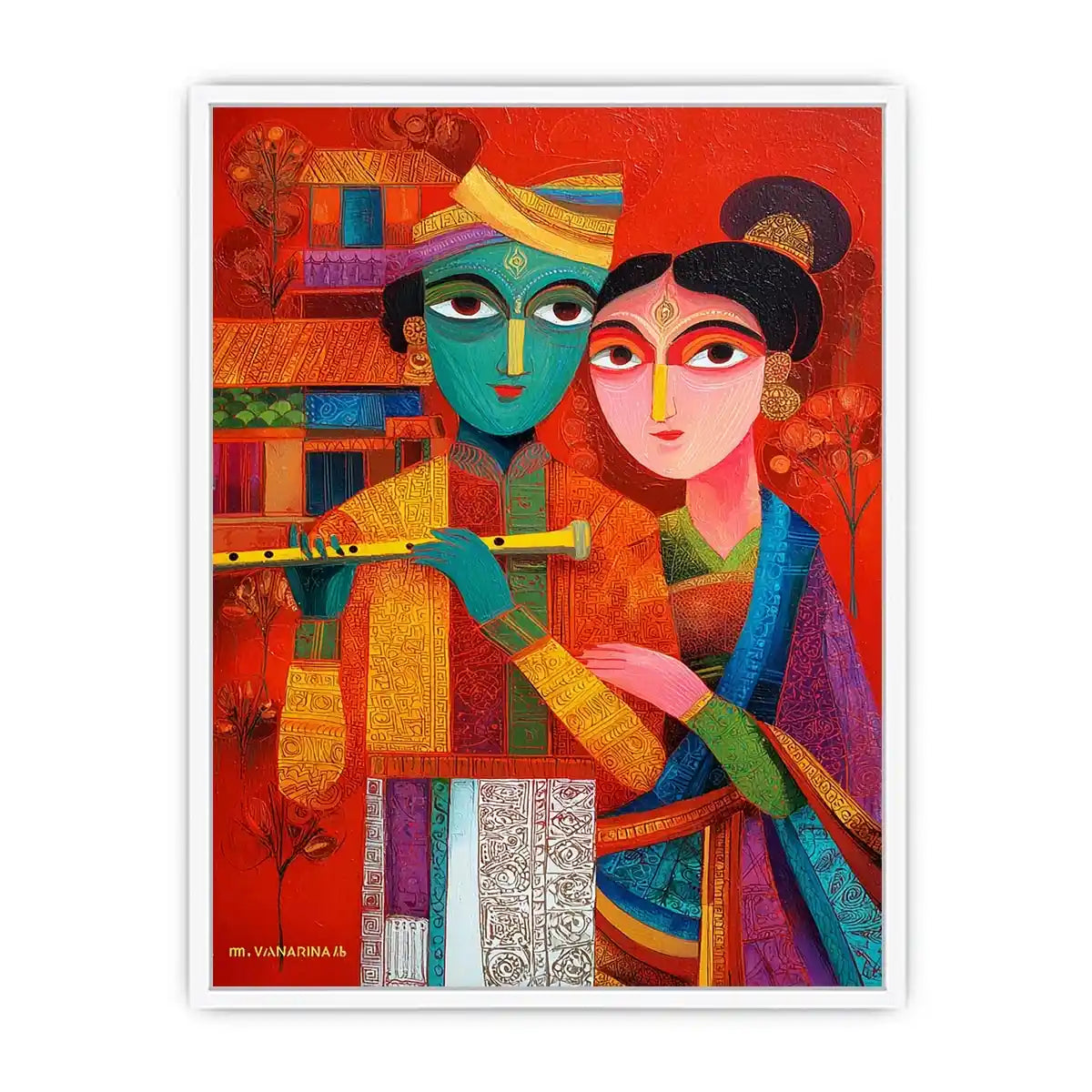 Krishna Raas Leela lotus painting traditional Indian canvas wall art for living room decor USA luxury spiritual artwork horizontal