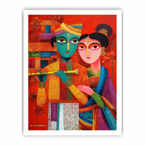 Krishna Raas Leela lotus painting traditional Indian canvas wall art for living room decor USA luxury spiritual artwork horizontal