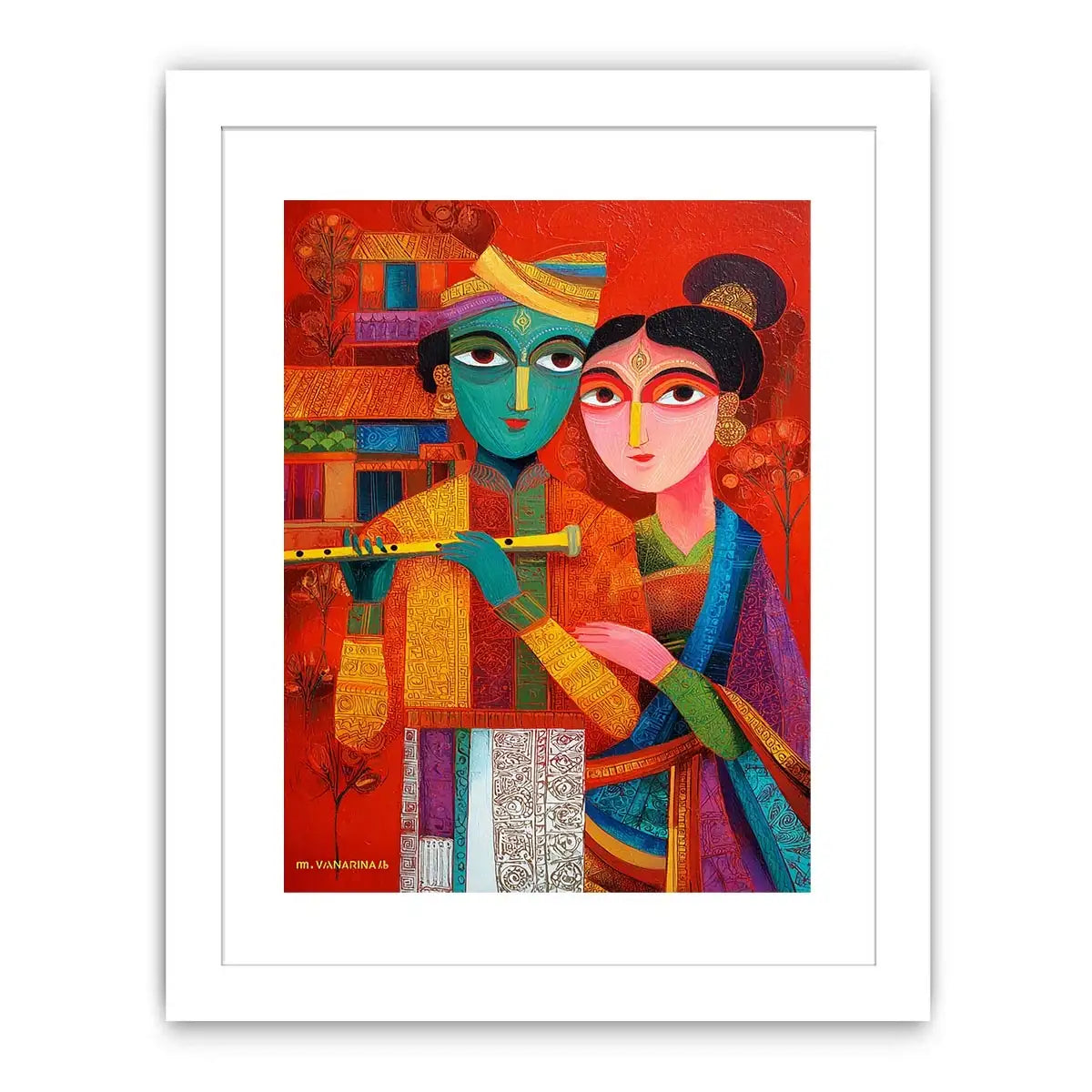 Krishna Raas Leela lotus painting traditional Indian canvas wall art for living room decor USA luxury spiritual artwork horizontal