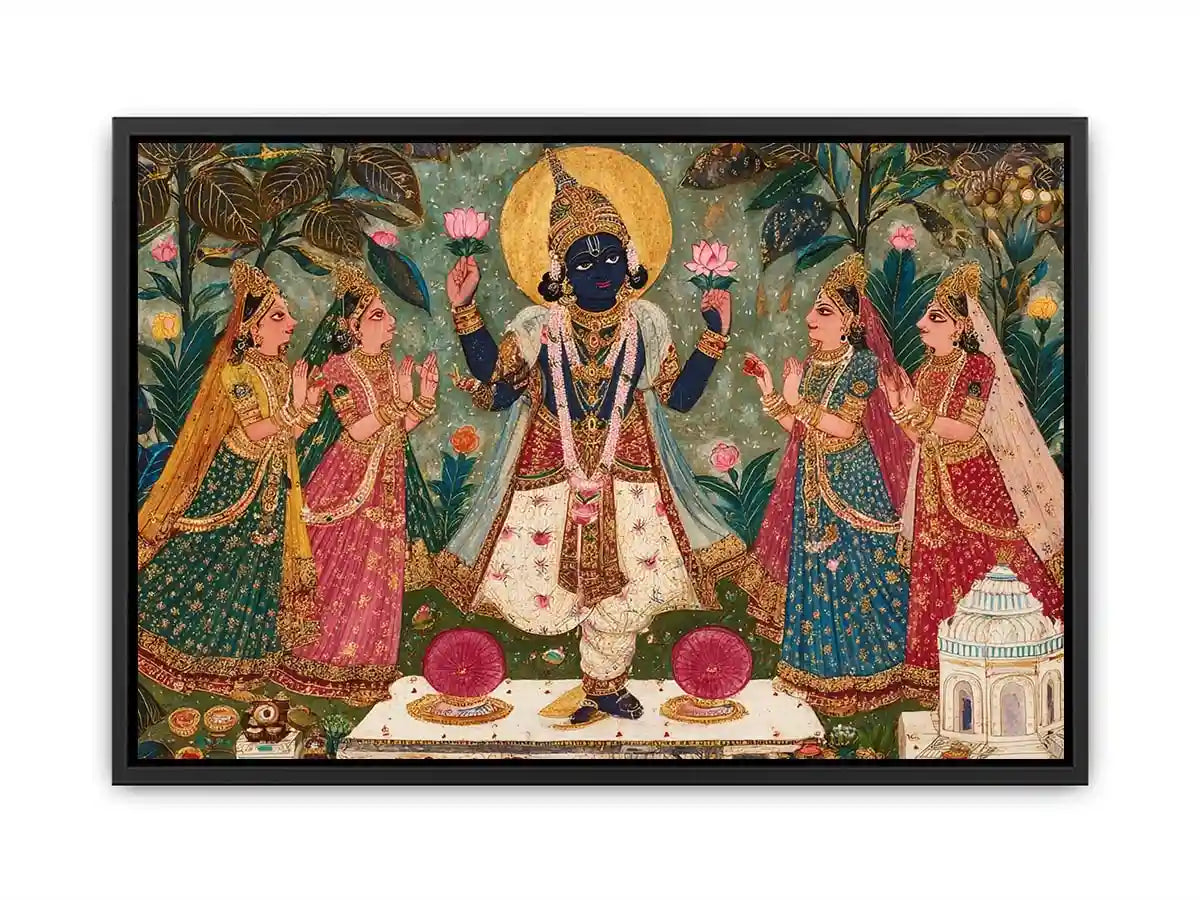 Krishna devotional traditional Indian painting canvas wall art for bedroom decor USA luxury spiritual lotus artwork vertical