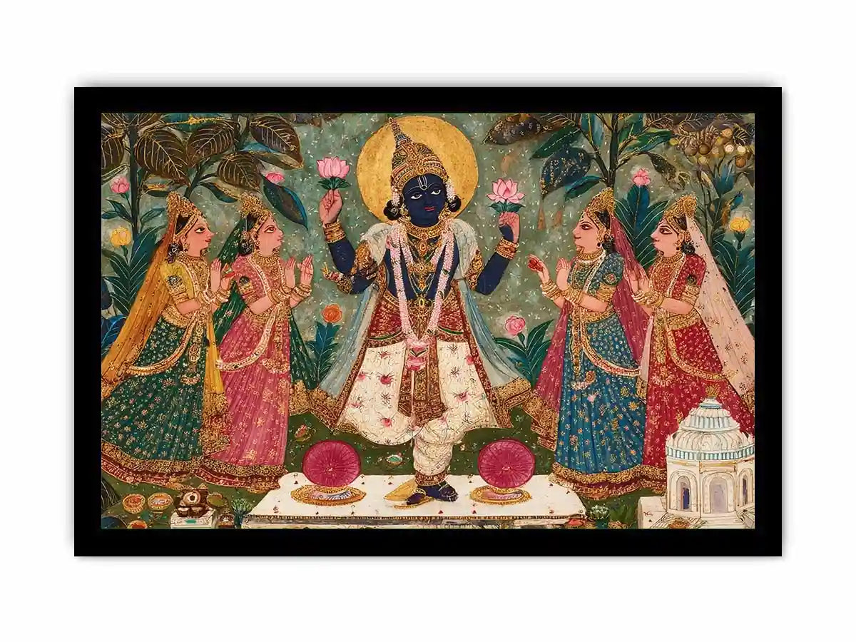 Krishna devotional traditional Indian painting canvas wall art for bedroom decor USA luxury spiritual lotus artwork vertical