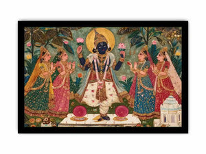 Krishna devotional traditional Indian painting canvas wall art for bedroom decor USA luxury spiritual lotus artwork vertical