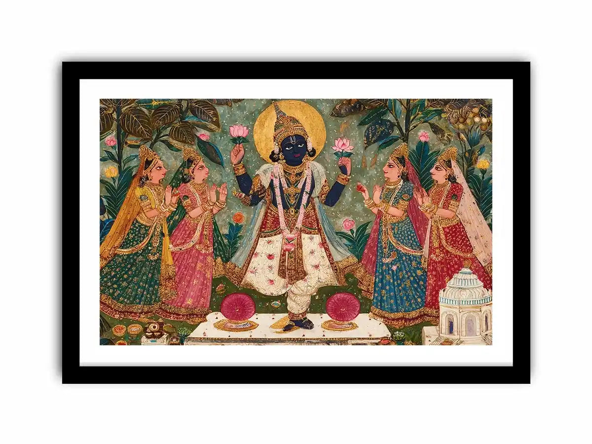Krishna devotional traditional Indian painting canvas wall art for bedroom decor USA luxury spiritual lotus artwork vertical