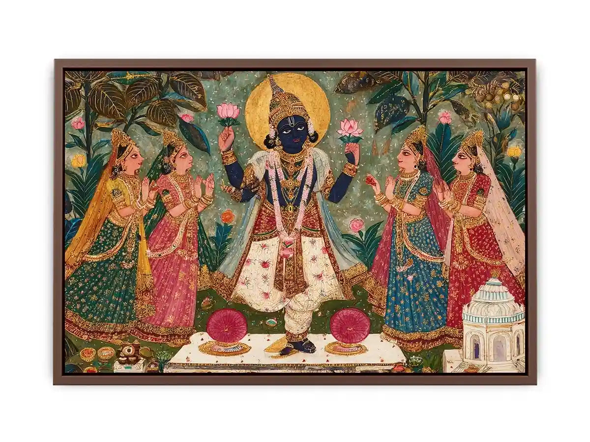 Krishna devotional traditional Indian painting canvas wall art for bedroom decor USA luxury spiritual lotus artwork vertical