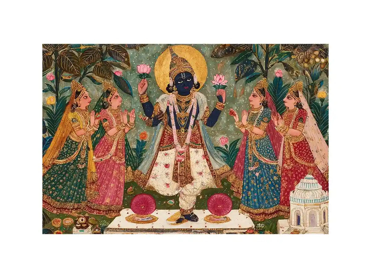 Krishna devotional traditional Indian painting canvas wall art for bedroom decor USA luxury spiritual lotus artwork vertical