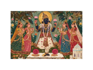 Krishna devotional traditional Indian painting canvas wall art for bedroom decor USA luxury spiritual lotus artwork vertical
