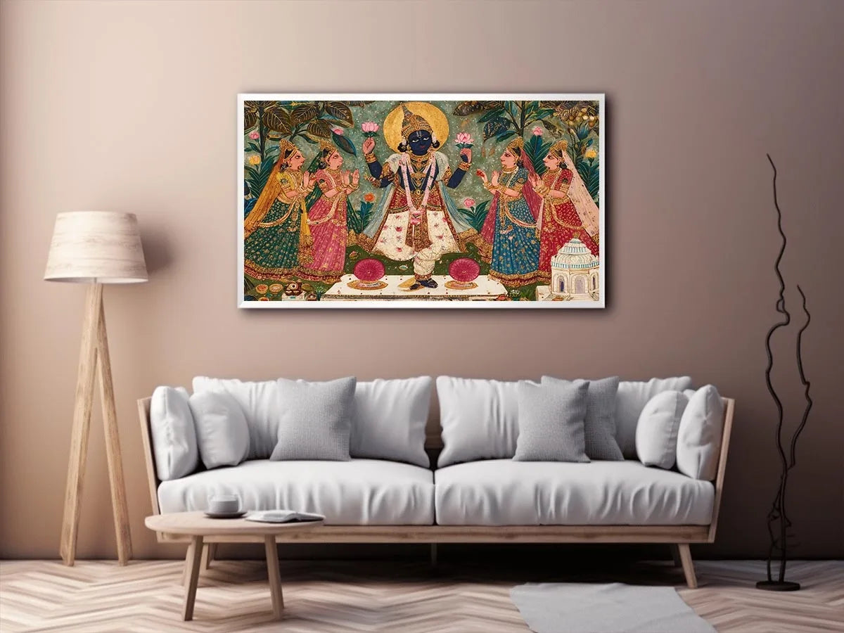 Krishna devotional traditional Indian painting canvas wall art for bedroom decor USA luxury spiritual lotus artwork vertical