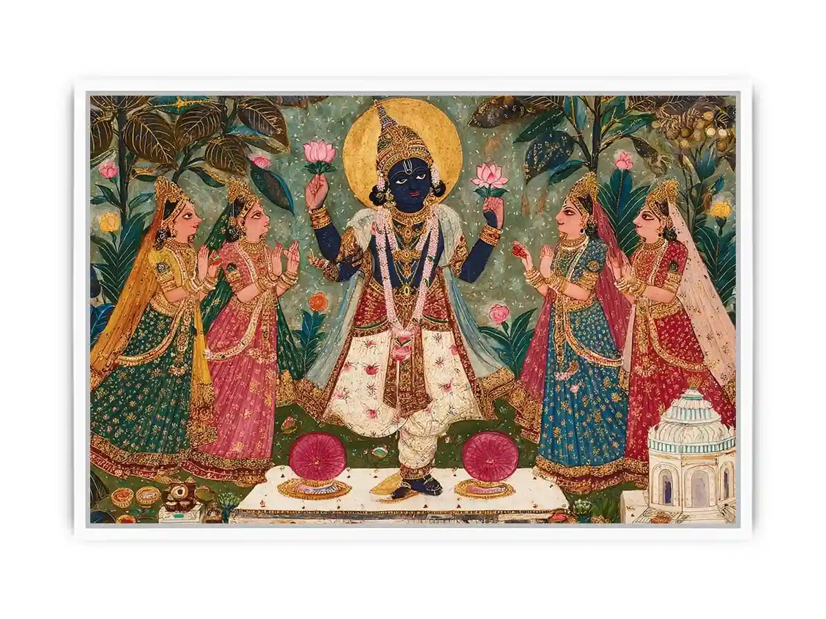Krishna devotional traditional Indian painting canvas wall art for bedroom decor USA luxury spiritual lotus artwork vertical
