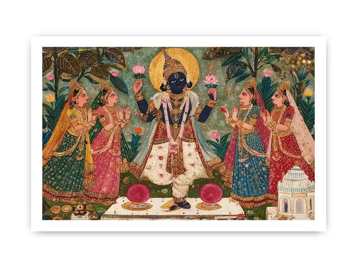 Krishna devotional traditional Indian painting canvas wall art for bedroom decor USA luxury spiritual lotus artwork vertical