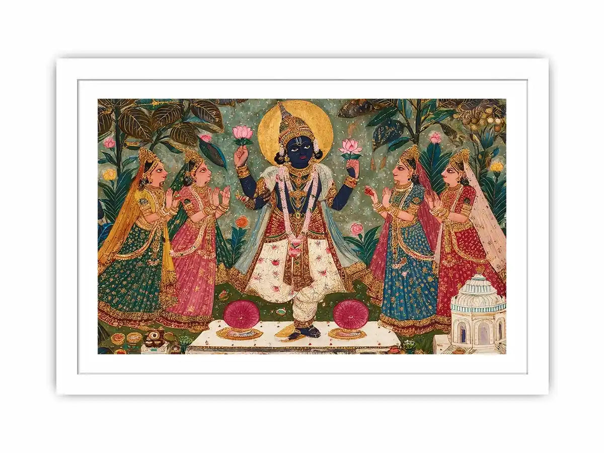 Krishna devotional traditional Indian painting canvas wall art for bedroom decor USA luxury spiritual lotus artwork vertical