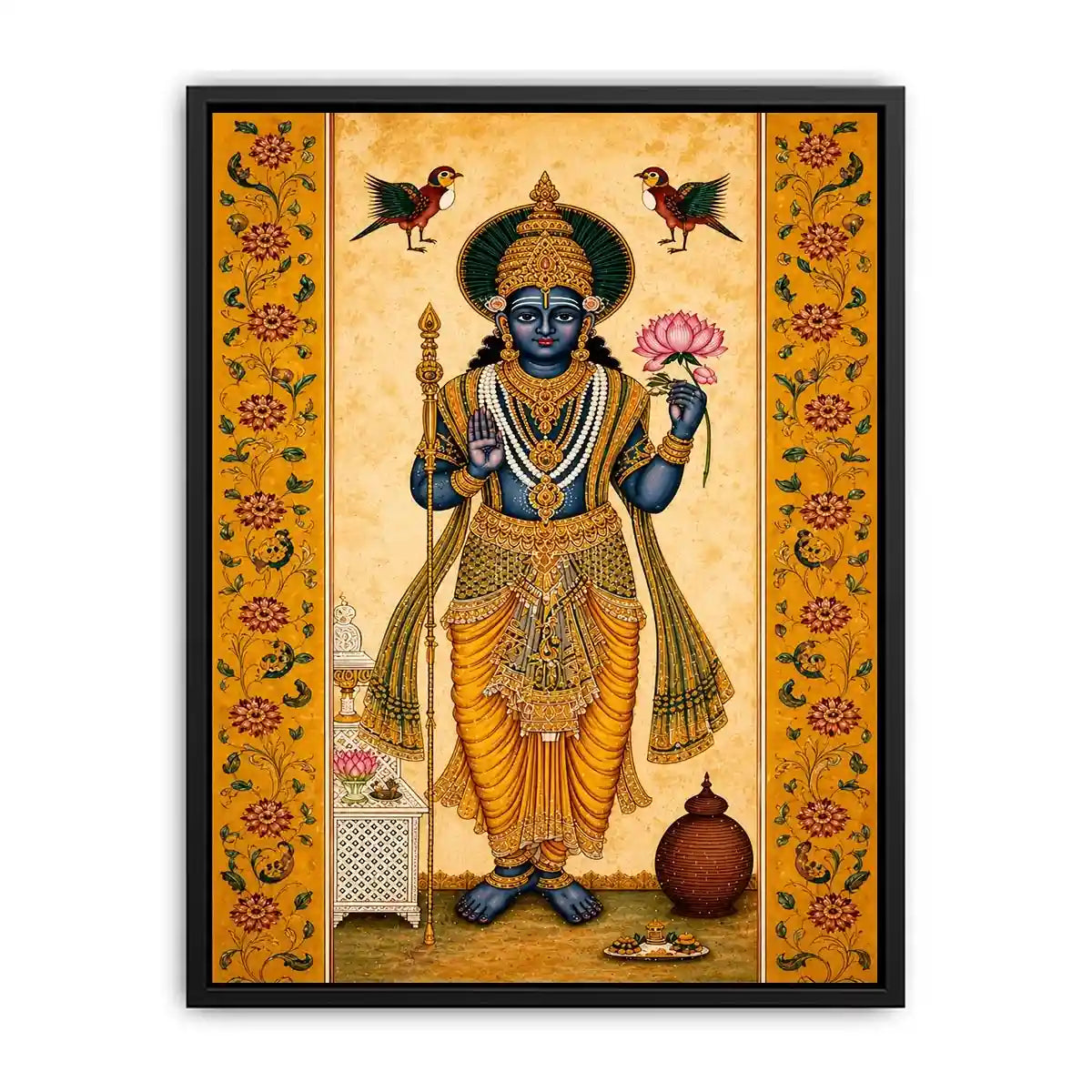 Traditional Hindu god wall art with lotus and golden details in spiritual decorative style for home temple and luxury interiors