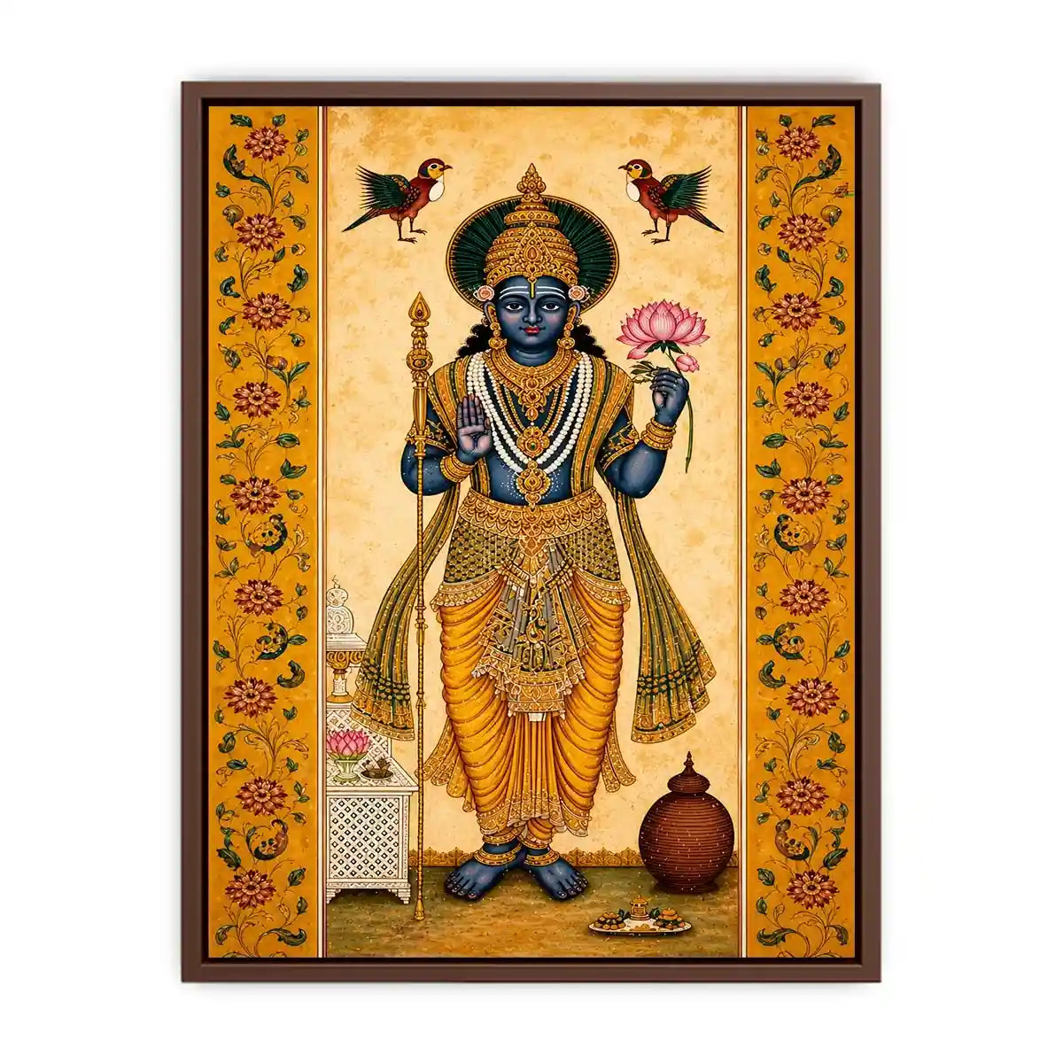 Traditional Hindu god wall art with lotus and golden details in spiritual decorative style for home temple and luxury interiors