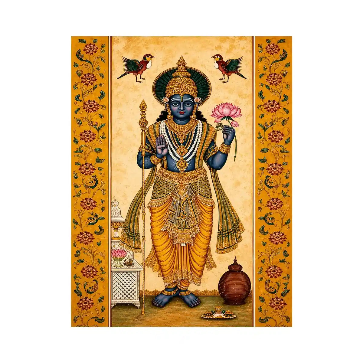 Traditional Hindu god wall art with lotus and golden details in spiritual decorative style for home temple and luxury interiors