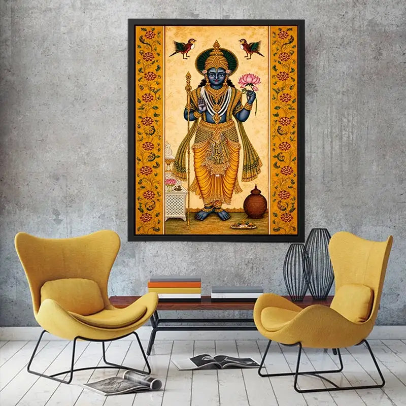 Traditional Hindu god wall art with lotus and golden details in spiritual decorative style for home temple and luxury interiors