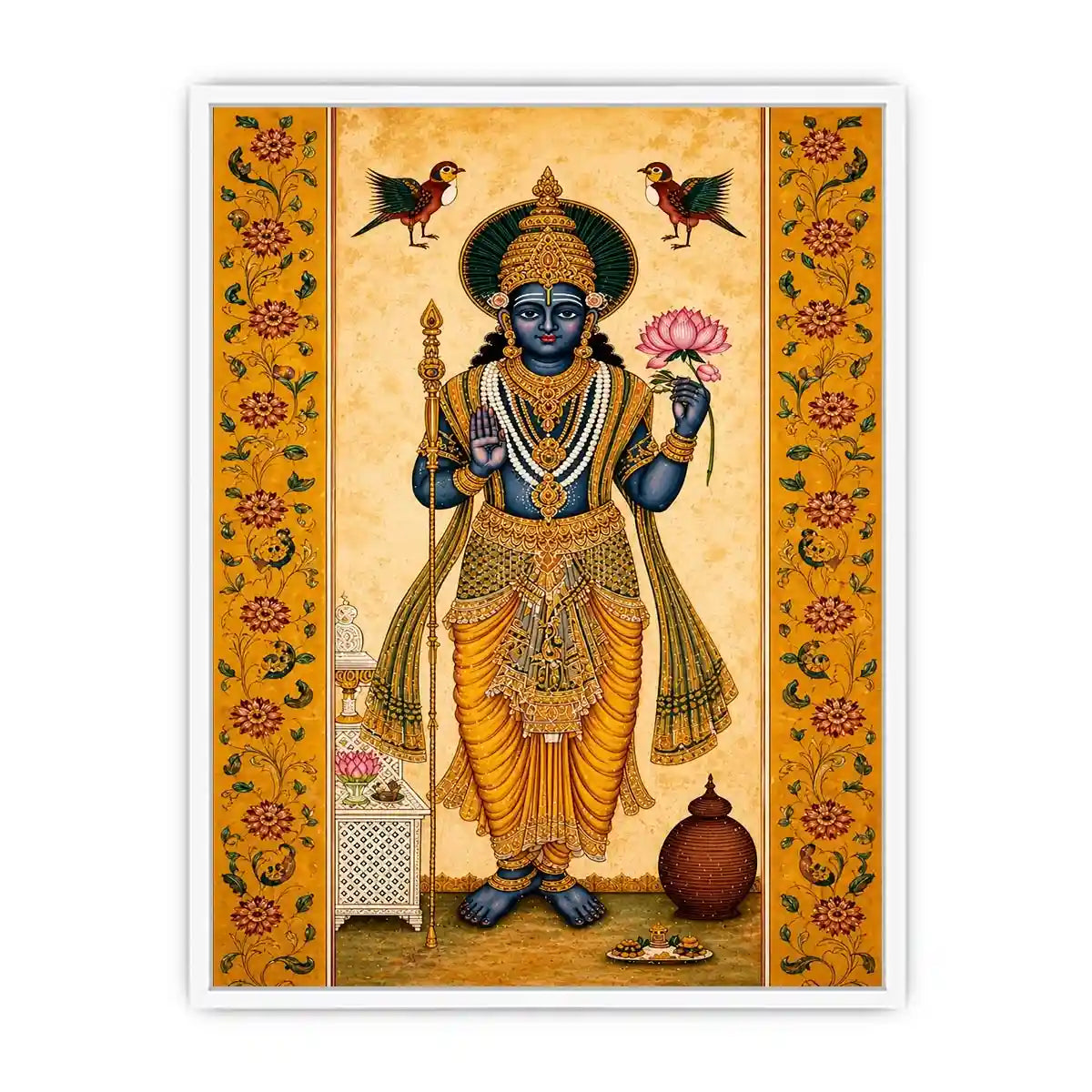 Traditional Hindu god wall art with lotus and golden details in spiritual decorative style for home temple and luxury interiors