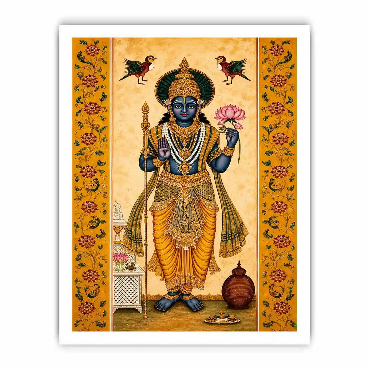 Traditional Hindu god wall art with lotus and golden details in spiritual decorative style for home temple and luxury interiors