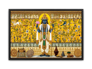 Traditional Hindu deity wall art with lotus and floral gold detailing for spiritual home temple and luxury interiors