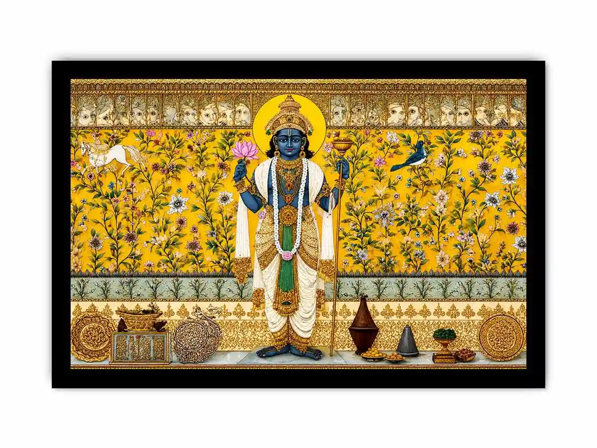 Traditional Hindu deity wall art with lotus and floral gold detailing for spiritual home temple and luxury interiors