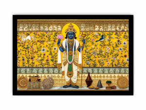 Traditional Hindu deity wall art with lotus and floral gold detailing for spiritual home temple and luxury interiors