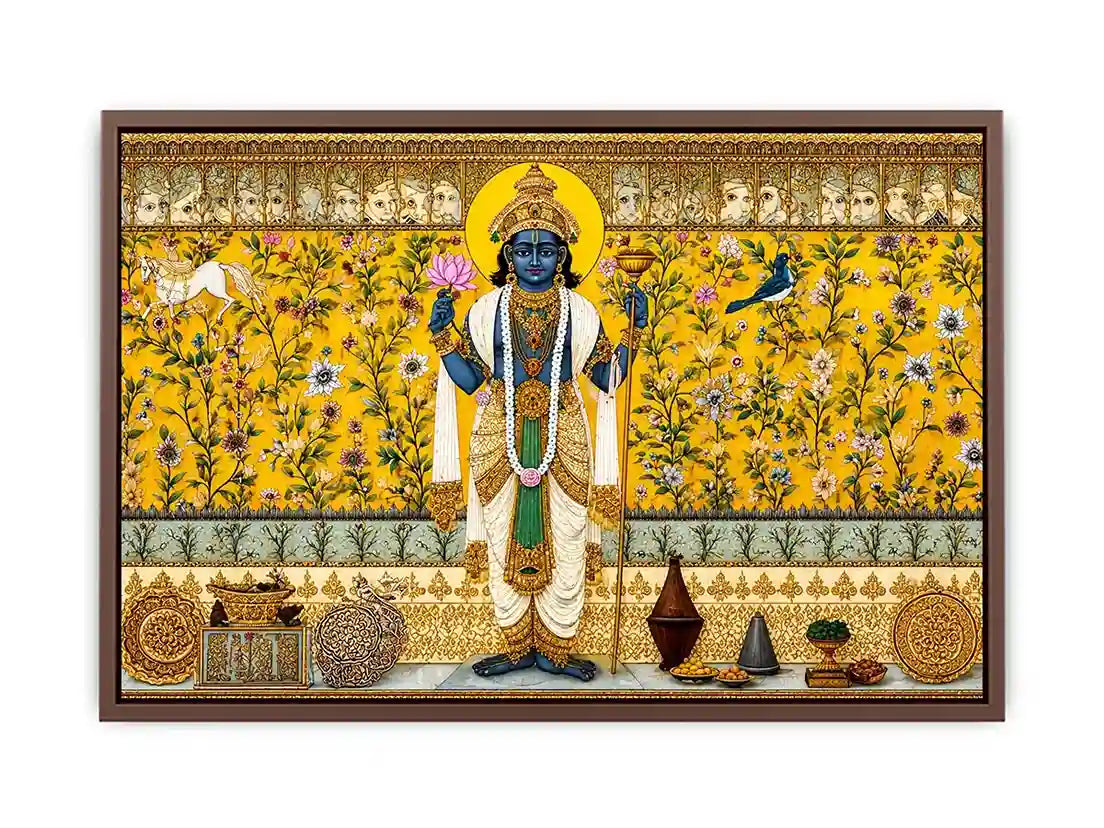 Traditional Hindu deity wall art with lotus and floral gold detailing for spiritual home temple and luxury interiors