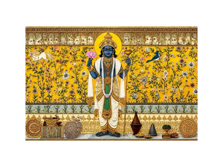 Traditional Hindu deity wall art with lotus and floral gold detailing for spiritual home temple and luxury interiors