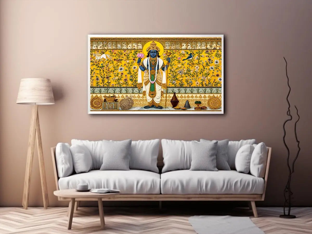 Traditional Hindu deity wall art with lotus and floral gold detailing for spiritual home temple and luxury interiors