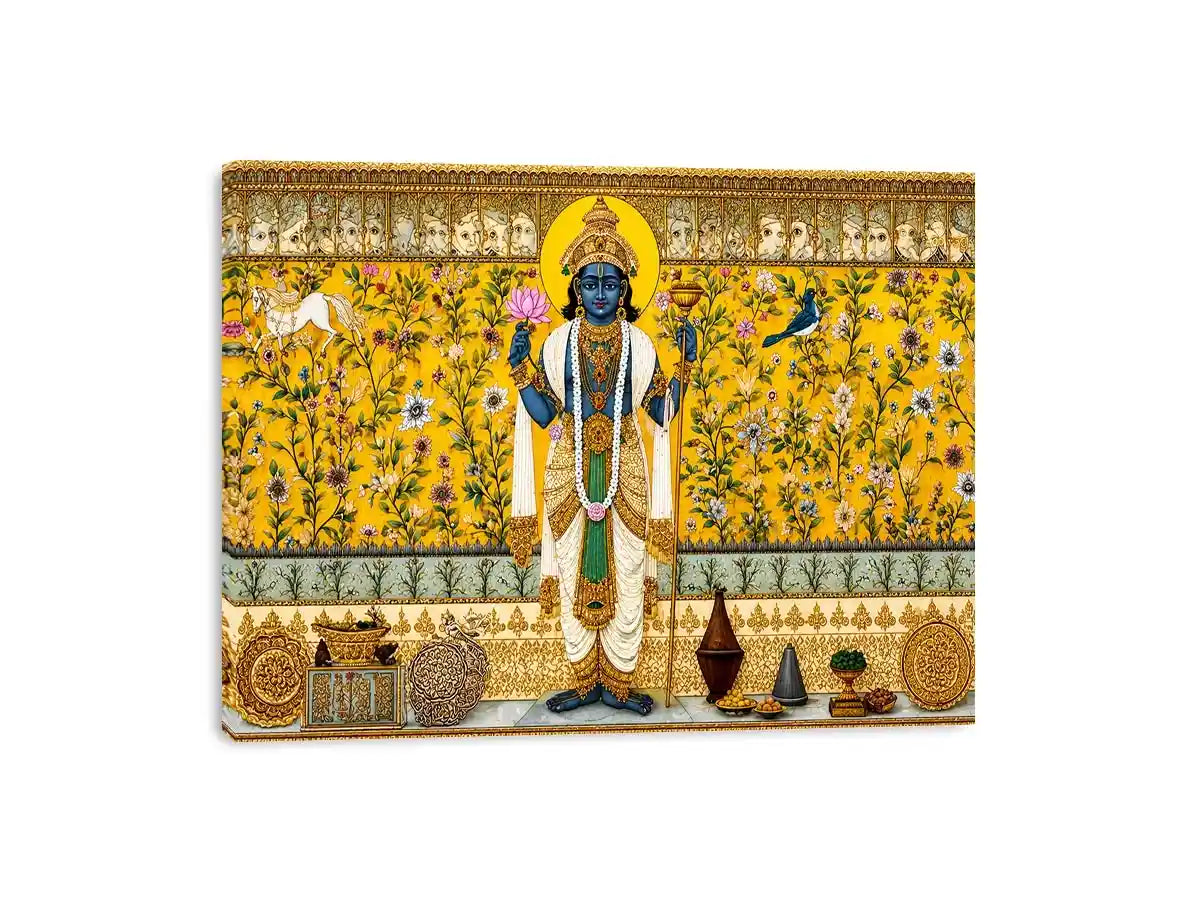 Traditional Hindu deity wall art with lotus and floral gold detailing for spiritual home temple and luxury interiors