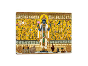 Traditional Hindu deity wall art with lotus and floral gold detailing for spiritual home temple and luxury interiors
