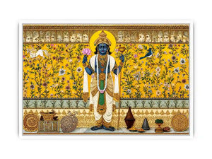 Traditional Hindu deity wall art with lotus and floral gold detailing for spiritual home temple and luxury interiors